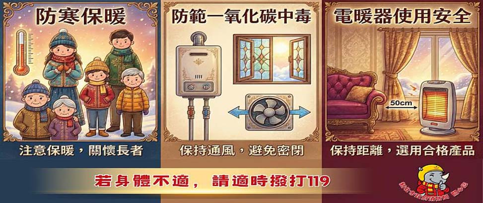 防寒保暖、防範一氧化碳中毒、電暖器使用安全另開視窗