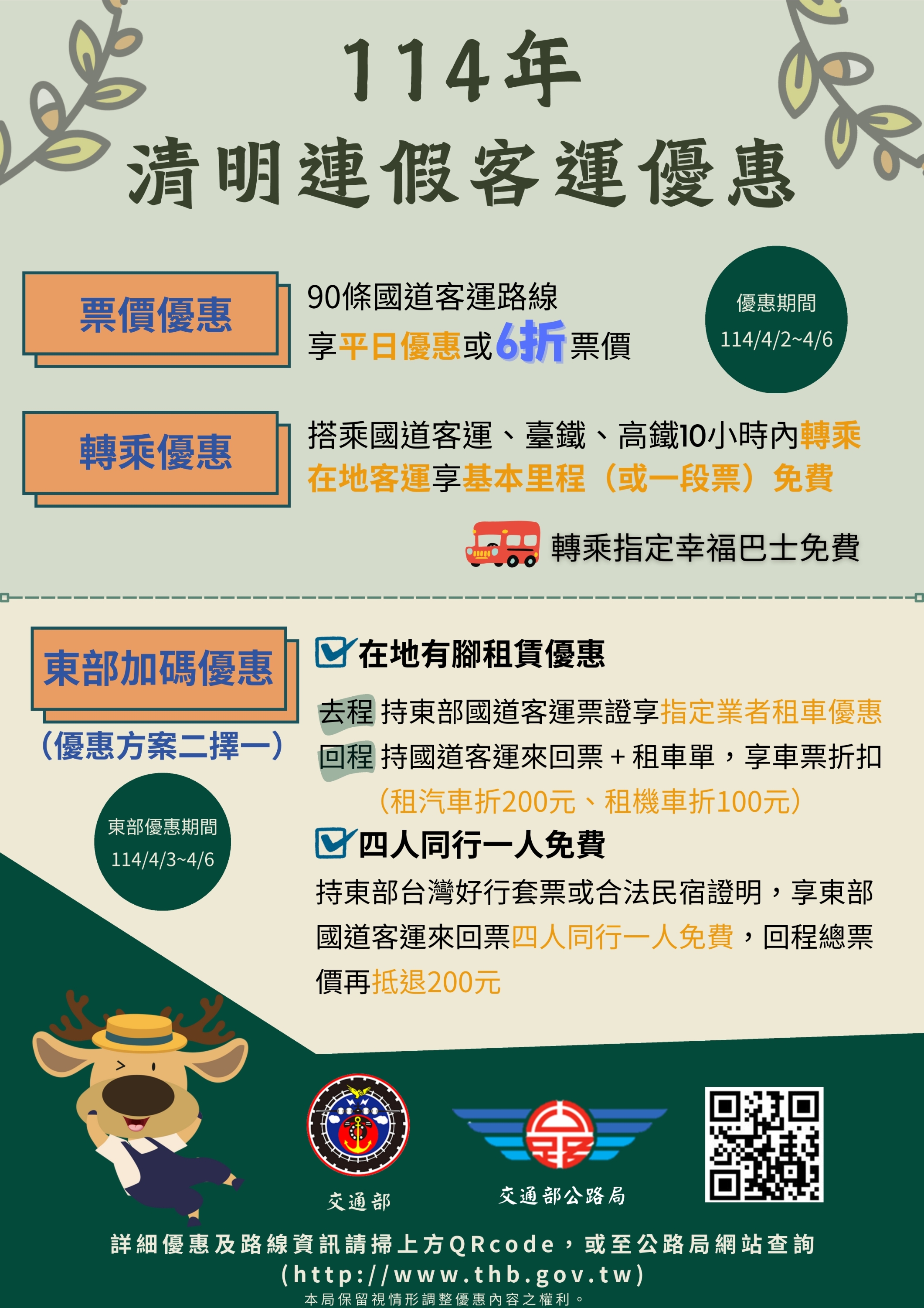 114年清明連續假期搭乘公路公共運輸享有多項優惠
