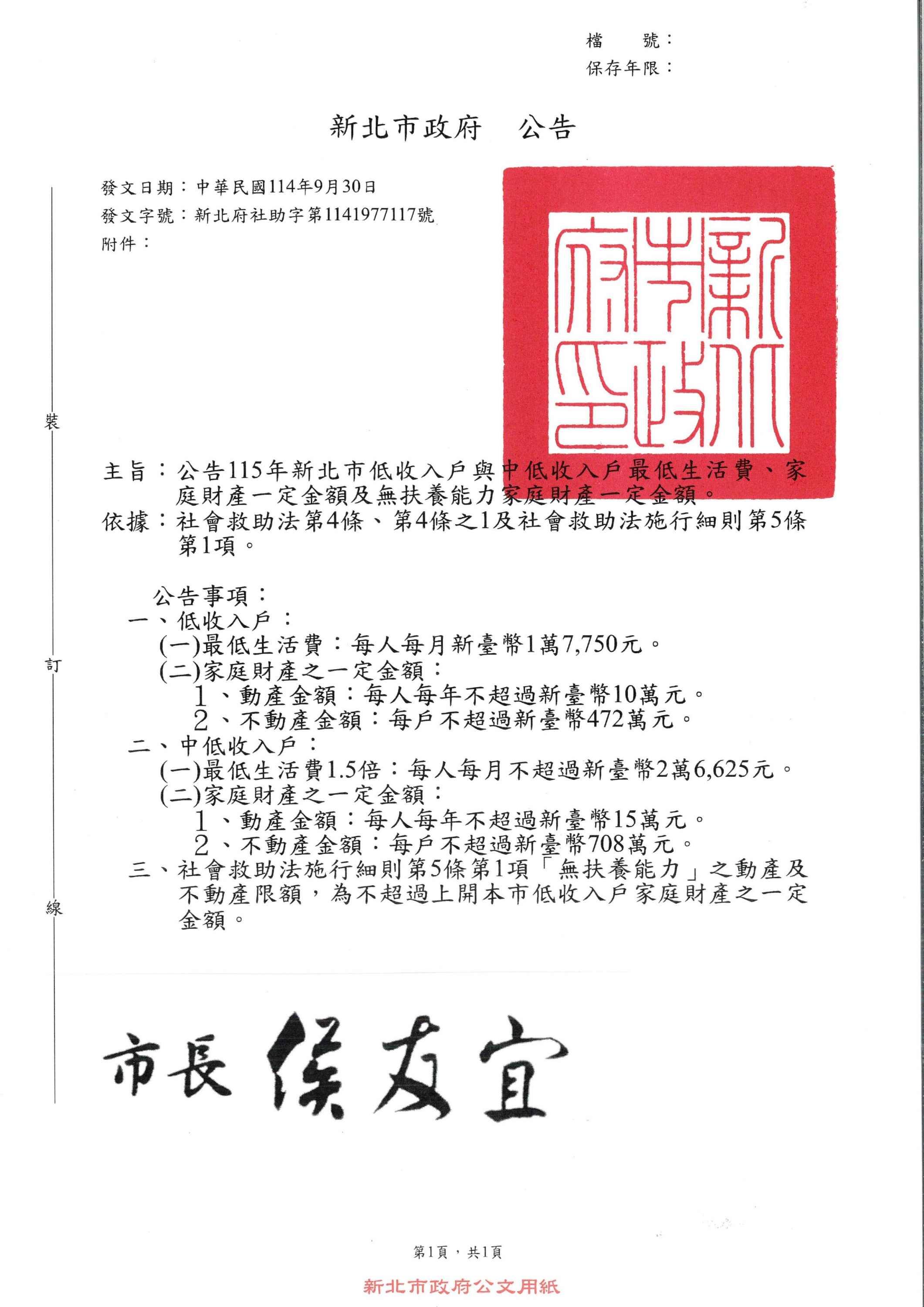 115年度新北市最低生活費